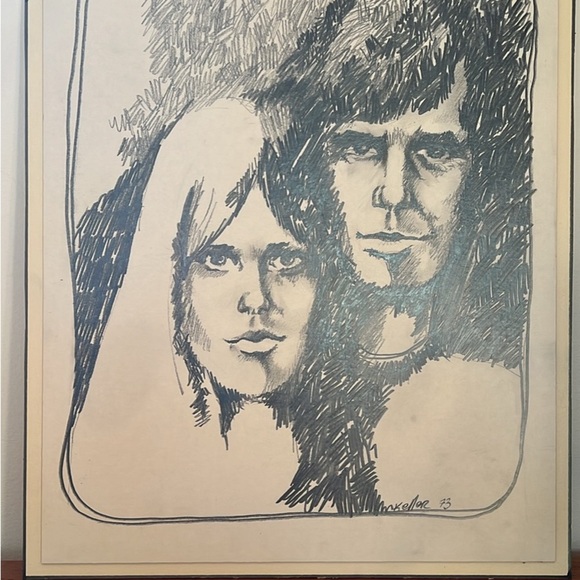 Original portrait, pencil M Keller 1973 drawing on board Mcm retro vintage - Picture 16 of 17